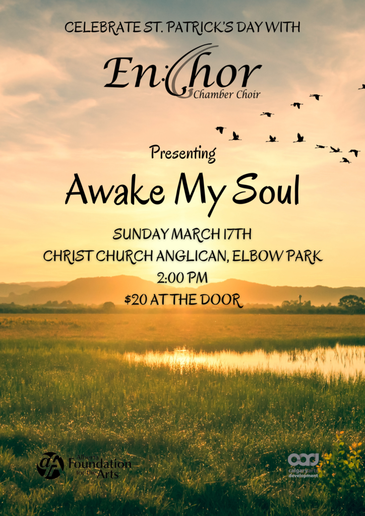 A field during sunrise in spring. From the right, a flock of waterfowl fly across the sky. The morning light reflects off a pond. EnChor Chamber Choir proudly presents "Awake My Soul", Sunday March 17th, at Christ Church Anglican in Calgary at 7:00pm. Tickets are $20 at the door.